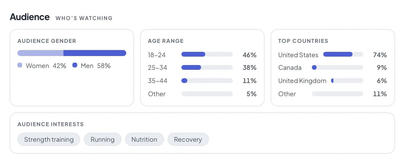 The audience section of a sample media kit: a gender split bar, an age-range breakdown, top countries with percentages, and audience interest tags