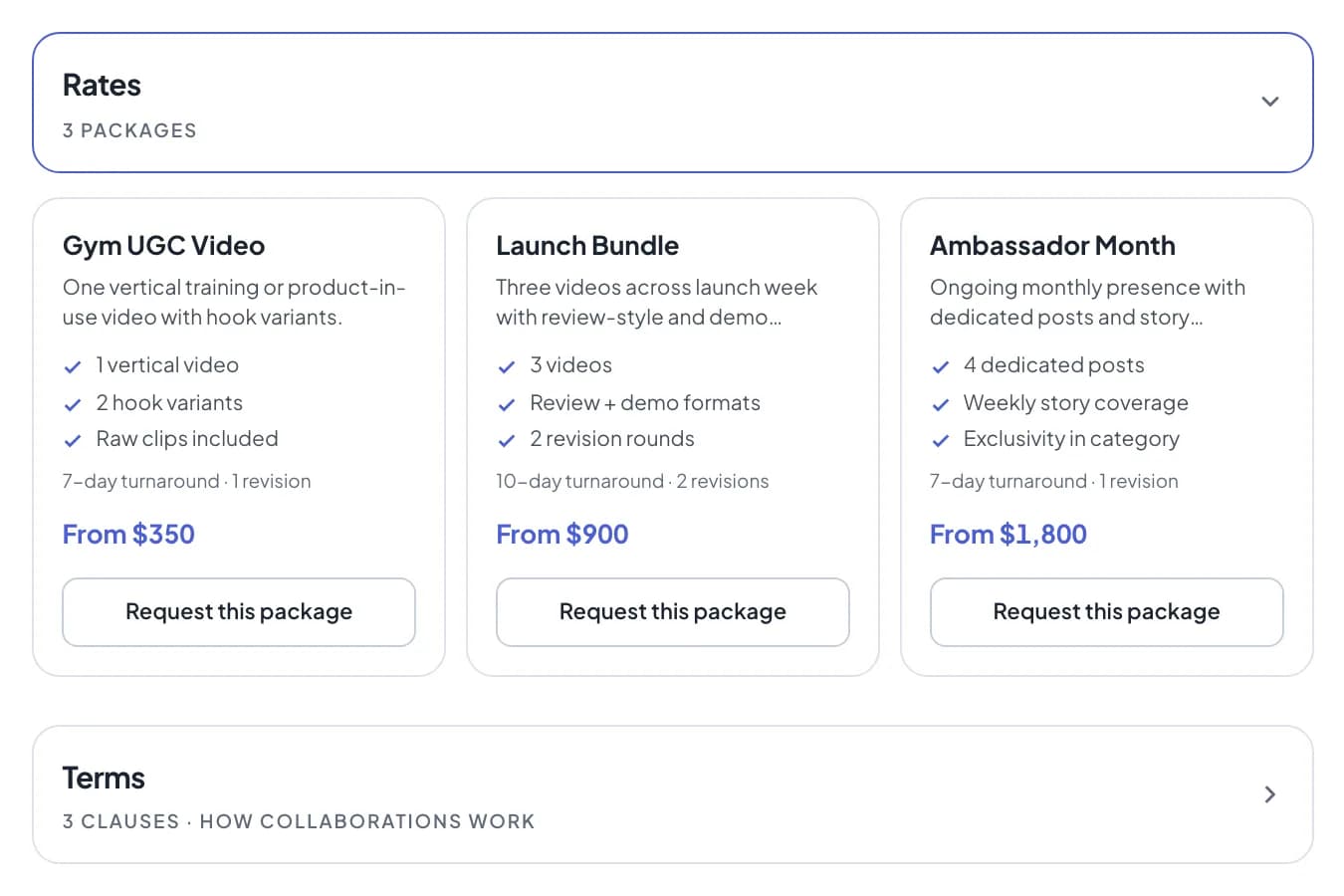 The rates section of a sample media kit: three packages side by side, each with its deliverables, turnaround, revisions and starting price, above a terms row
