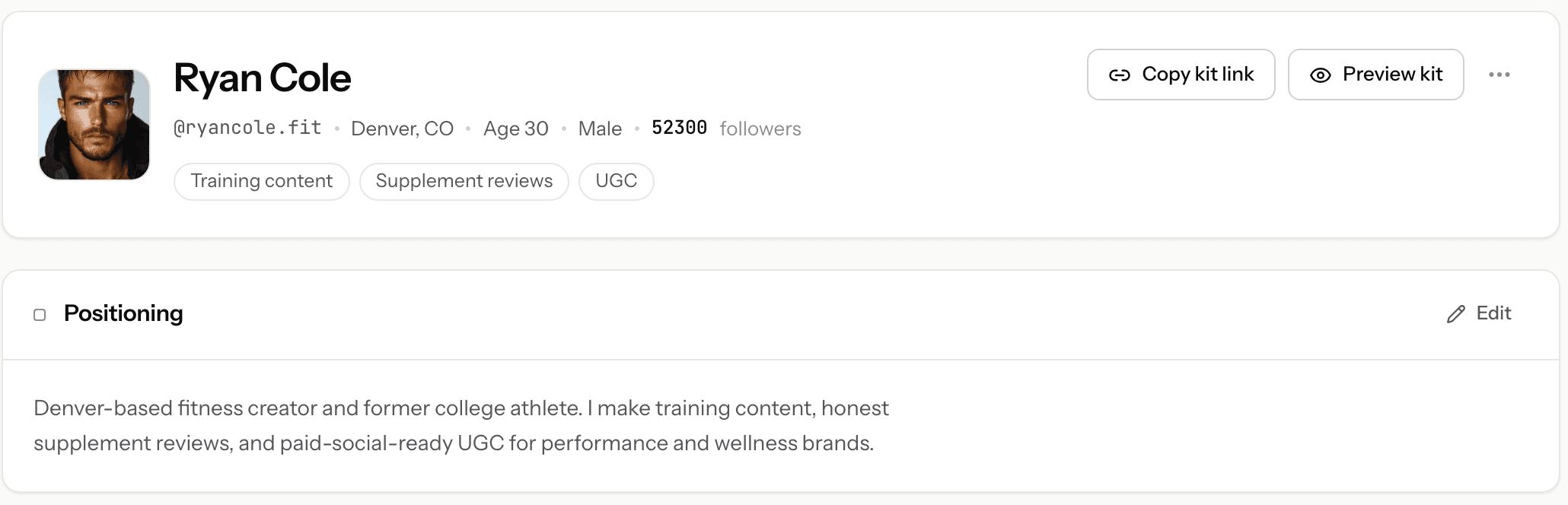 A talent profile in KitVerify: Ryan Cole with his handle, location, age and follower count, his niche tags, Copy kit link and Preview kit actions, and his positioning bio
