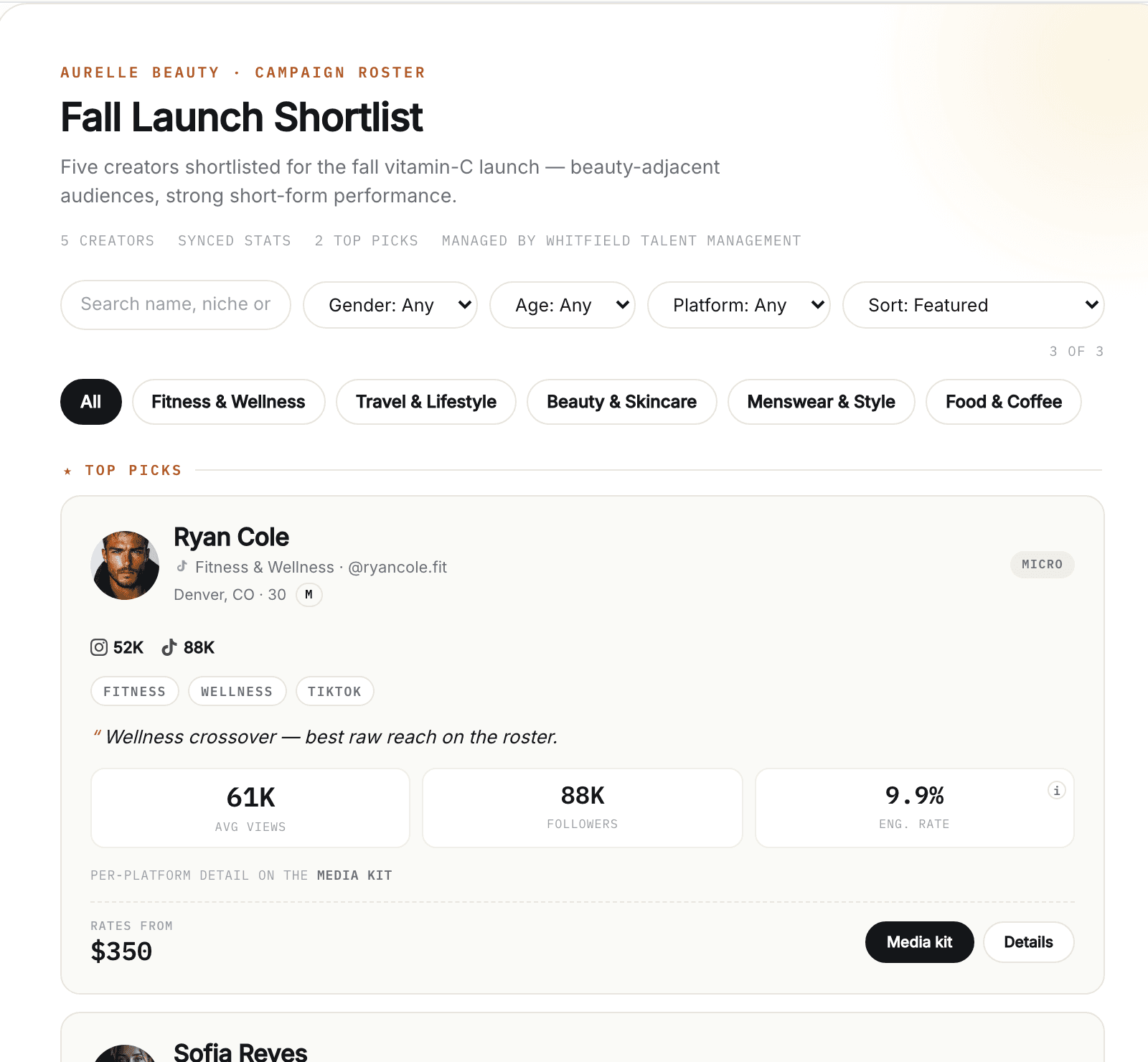 The public Fall Launch Shortlist as a brand opens it: niche filters, then Ryan Cole's card with his handle, location, a manager's note on why he fits, tiles reading 61K average views, 88K followers and 9.9% engagement rate, and a rate from $350 with Media kit and Details buttons