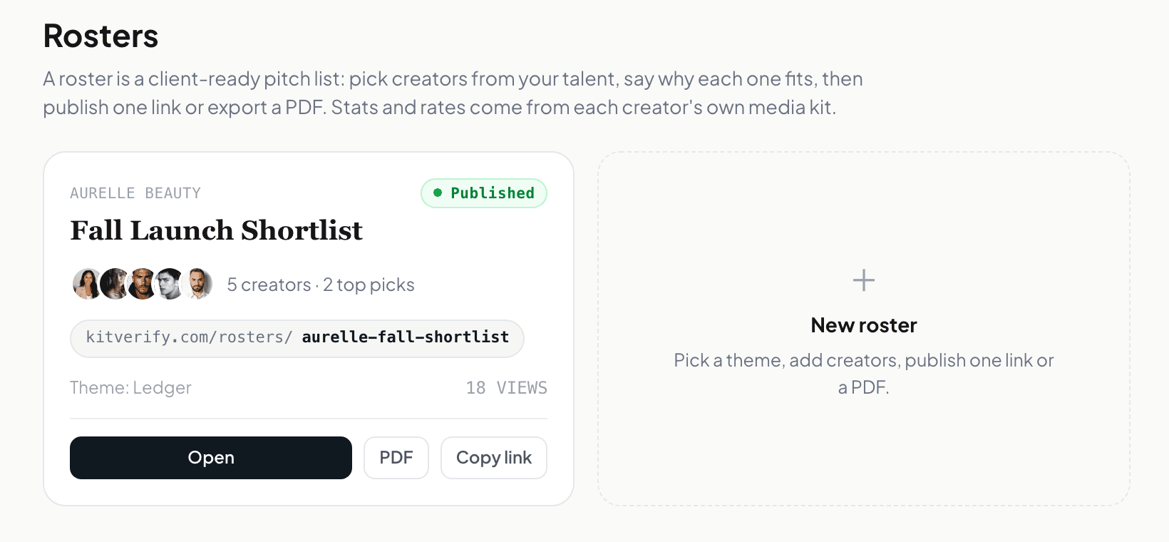 The Rosters list in KitVerify: a published Fall Launch Shortlist for Aurelle Beauty with its public link, view count, and Open, PDF and Copy link actions