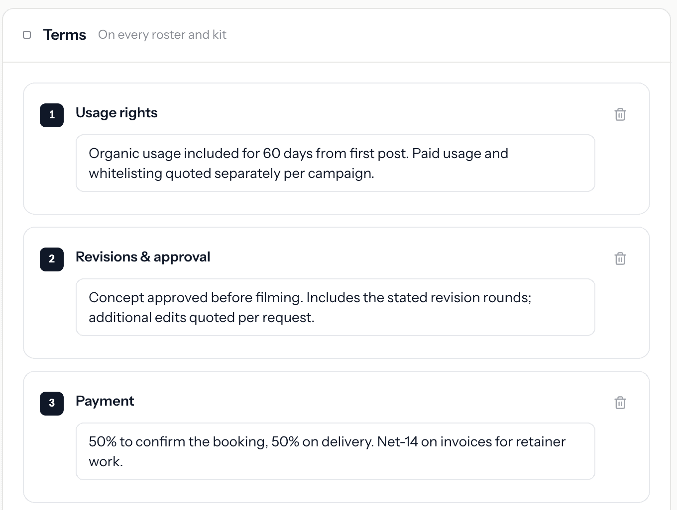 A talent's Terms tab in KitVerify: usage rights, revisions and payment clauses, attached to this talent on every roster and kit
