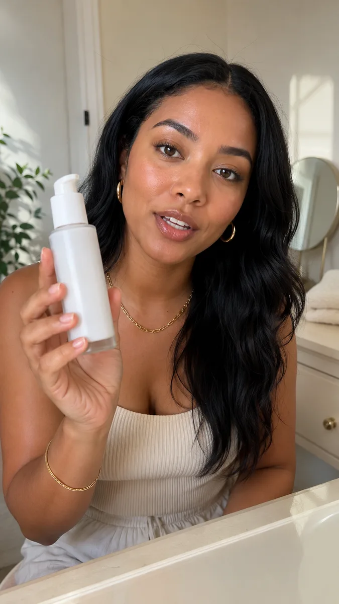A dropper serum bottle held in natural light